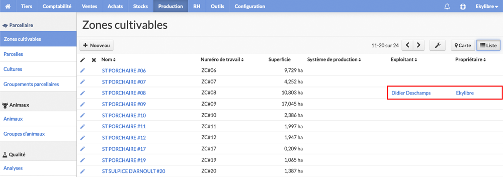 Liste des zones cultivables