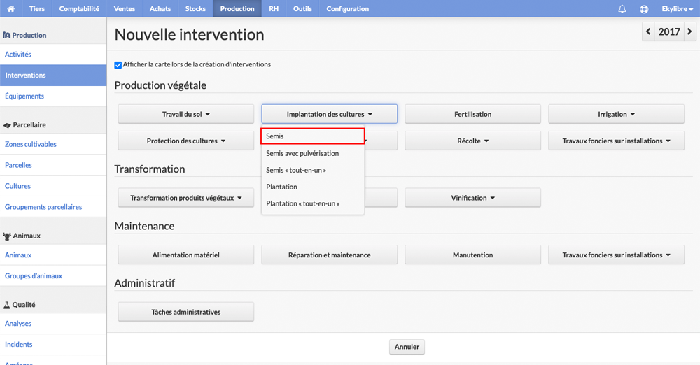 Écran d'accueil des interventions