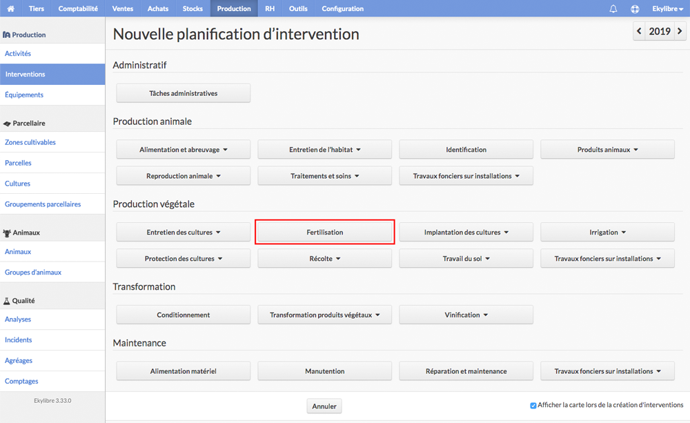 Écran d'accueil des interventions