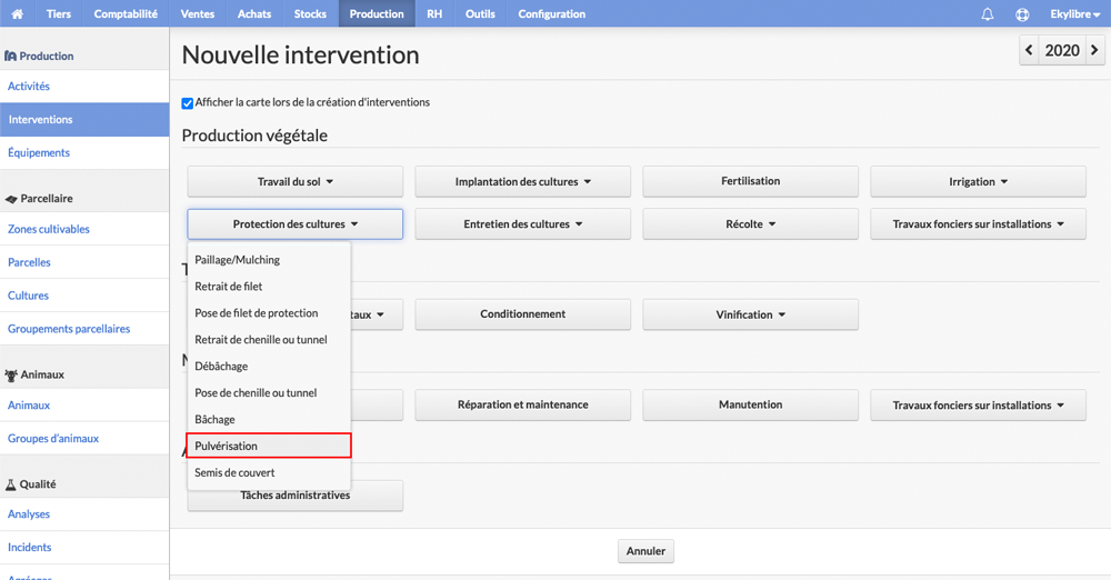 Sélection intervention de pulvérisation