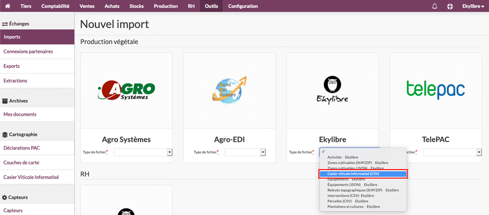 Sélection du type d'import