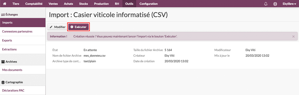 Exécution import