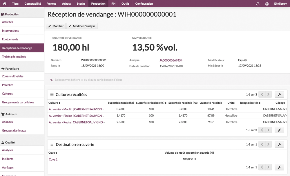 Fiche réception de vendange