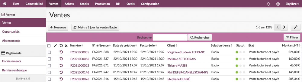 Liste des ventes