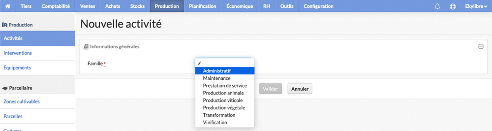 Sélection famille d'activité