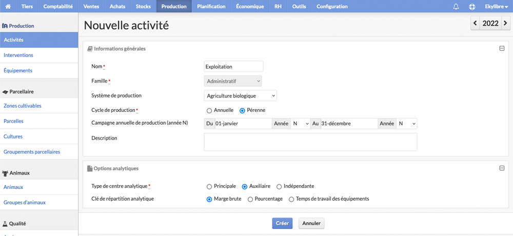 Sélection famille d'activité