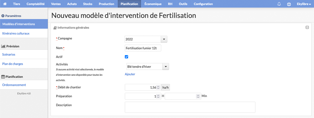 Configuration modèle d'intervention